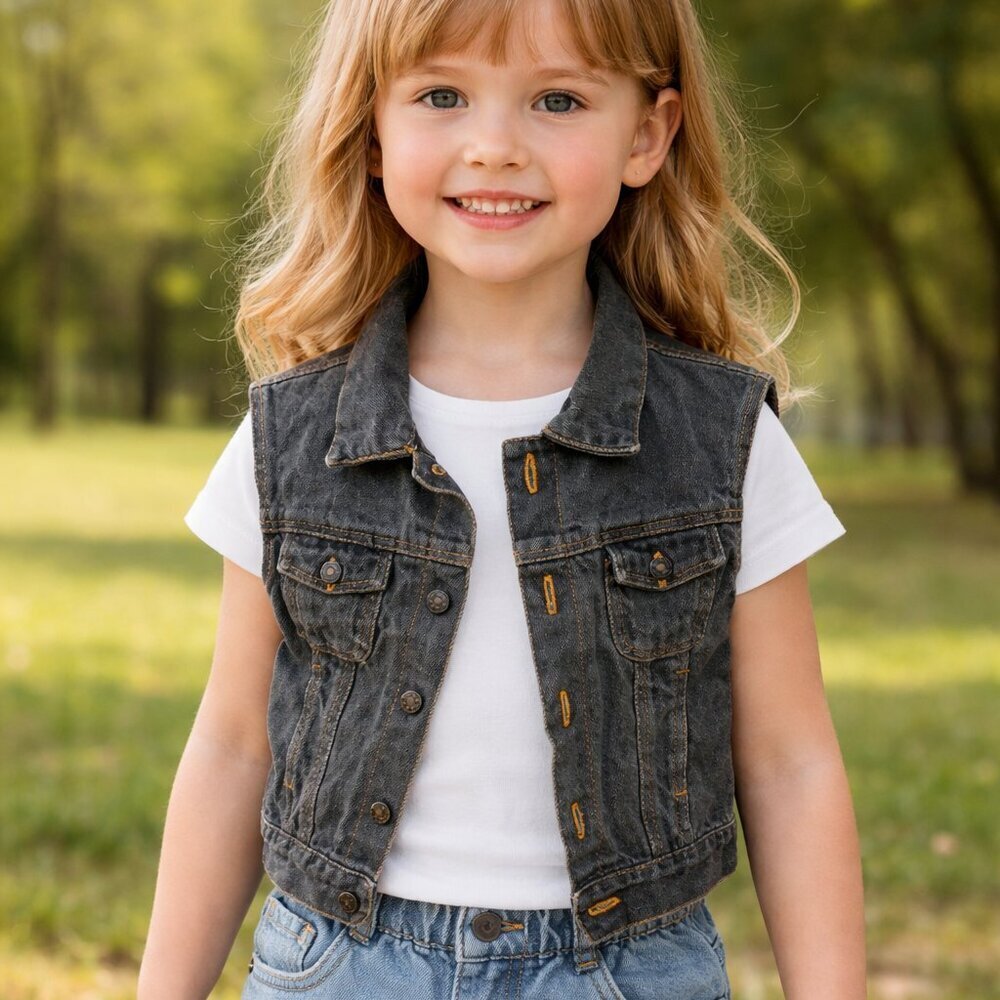 En-bo Black Sleeveless Vest Denim Vintage 100% Cotton Kids 5